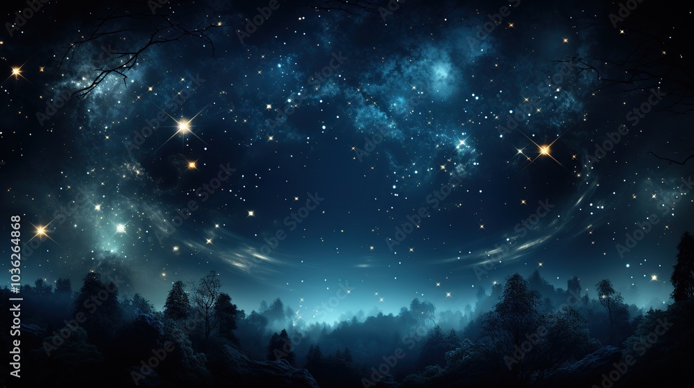 A starry night sky above a dark, mysterious forest with a hint of fog. A starry night sky above a dark, mysterious forest with a hint of fog.