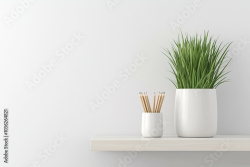 A modern desk shelf with a potted plant and pencil holder in a bright and minimalist workspace