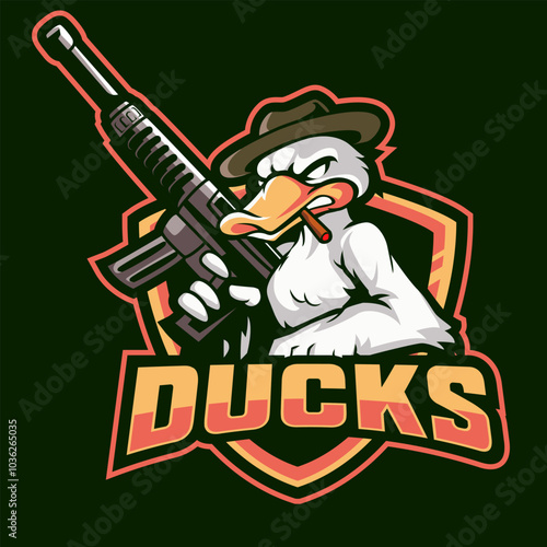 Duck hunter cartoon mascot logo design vector