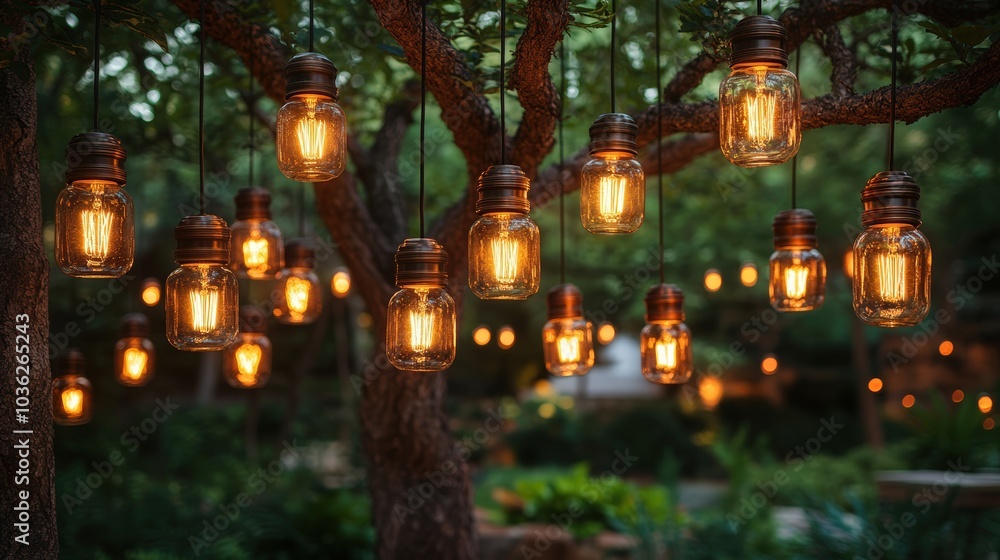 Obraz premium Light bulbs in trees at night for wedding decoration, outdoor wedding decoration