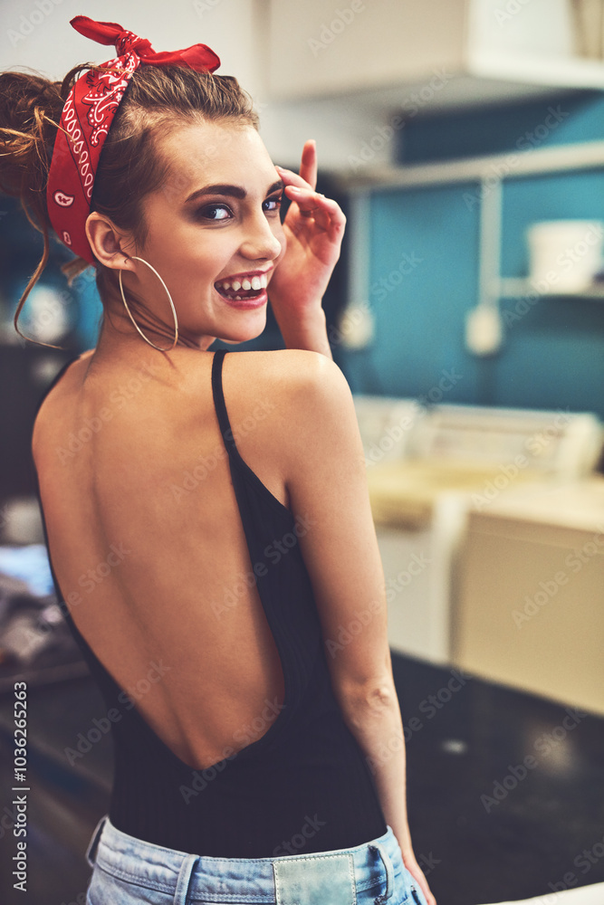 Happy, portrait and woman at laundromat for washing with trendy, cool and vintage fashion outfit. Smile, back and female person from California with stylish clothes in store for dry cleaning service. Happy, portrait and woman at laundromat for washing with trendy, cool and vintage fashion outfit. Smile, back and female person from California with stylish clothes in store for dry cleaning service.
