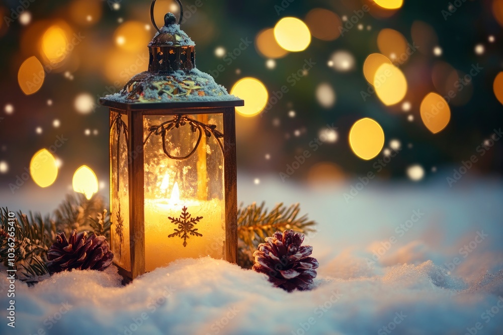 Christmas Lantern On Snow At Eve Night With Decorations And Ornaments - Candle Light With Snowfall And Abstract Defocused Lights , ai Christmas Lantern On Snow At Eve Night With Decorations And Ornaments - Candle Light With Snowfall And Abstract Defocused Lights , ai