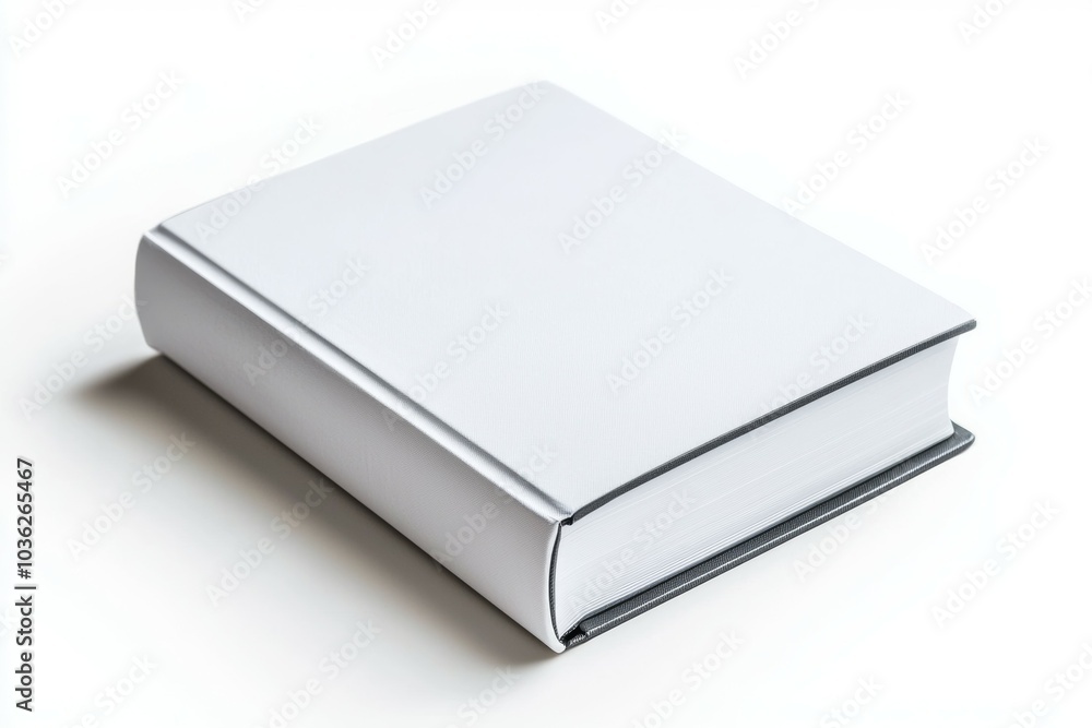 A blank hardcover book resting on a white surface in a well-lit environment, ready for new ideas or stories A blank hardcover book resting on a white surface in a well-lit environment, ready for new ideas or stories