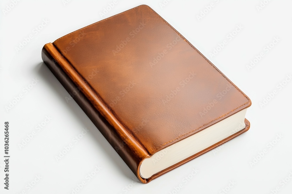 Elegant brown leather-bound journal resting on a white background, ready for writing or journaling Elegant brown leather-bound journal resting on a white background, ready for writing or journaling