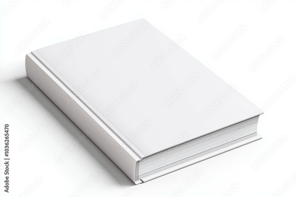 Blank hardcover book lying on a white surface, ready for customization or creative projects Blank hardcover book lying on a white surface, ready for customization or creative projects