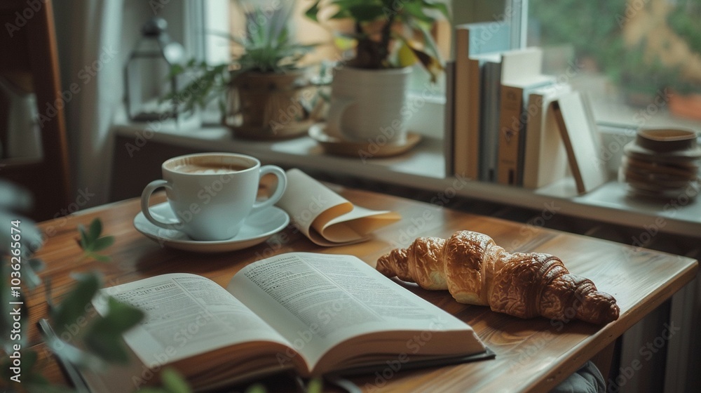 Inviting Study Break: Tabletop Setup Including Coffee, Book, and Croissant in Sunny Room Inviting Study Break: Tabletop Setup Including Coffee, Book, and Croissant in Sunny Room