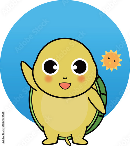 晴天と太陽の可愛い・ゆるい亀のキャラクターイラスト