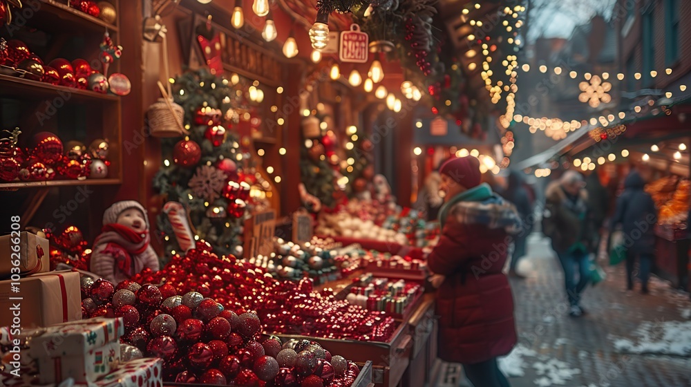 A bustling Christmas market with a variety of festive goods on display, including ornaments, candy canes A bustling Christmas market with a variety of festive goods on display, including ornaments, candy canes