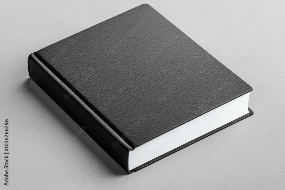 A closed black hardcover book resting on a gray surface with a sleek and minimalist design A closed black hardcover book resting on a gray surface with a sleek and minimalist design