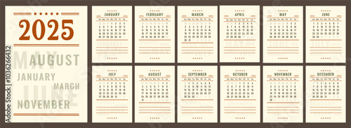 Calendar 2025. Vertical retro Calendar daily planner. Vintage layout with numbers. Pages template for business, printable wall, monthly, desktop calendar. Week starts on Sunday. Vector illustration