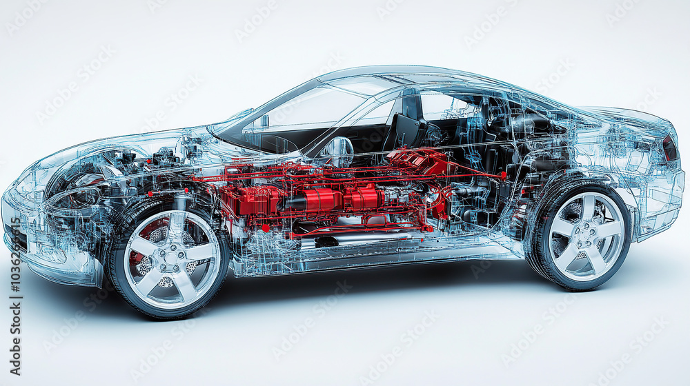 An exploded view of an electric car's engine, showing the various components such as the battery pack and motor inside its transparent shell An exploded view of an electric car's engine, showing the various components such as the battery pack and motor inside its transparent shell