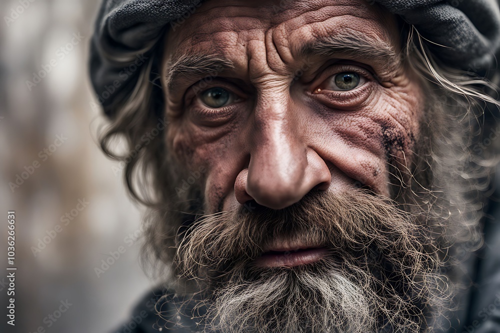 A close-up portrait of a weathered man reflecting the struggles of life and resilience in his eyes A close-up portrait of a weathered man reflecting the struggles of life and resilience in his eyes
