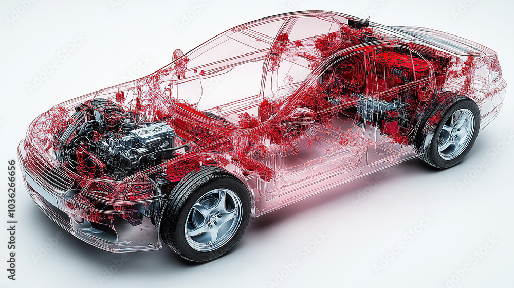 An exploded view of an electric car's engine, showing the various components such as the battery pack and motor inside its transparent shell An exploded view of an electric car's engine, showing the various components such as the battery pack and motor inside its transparent shell