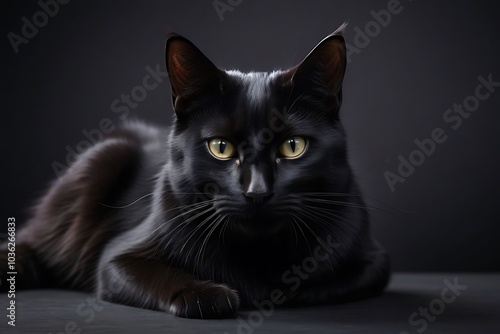 Captivating portrait of a majestic black cat with striking yellow eyes against a dark background showcasing feline elegance and mystery