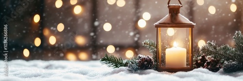 Christmas Lantern With Decoration On Snow Table - Snowy Candle Light And Abstract Defocused Landscape , ai