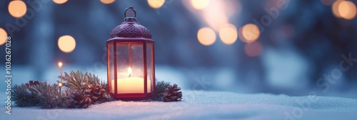 Christmas Lantern With Decoration On Snow Table - Snowy Candle Light And Abstract Defocused Landscape , ai