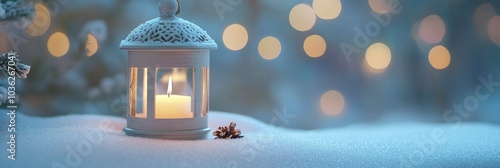 Christmas Lantern With Decoration On Snow Table - Snowy Candle Light And Abstract Defocused Landscape , ai