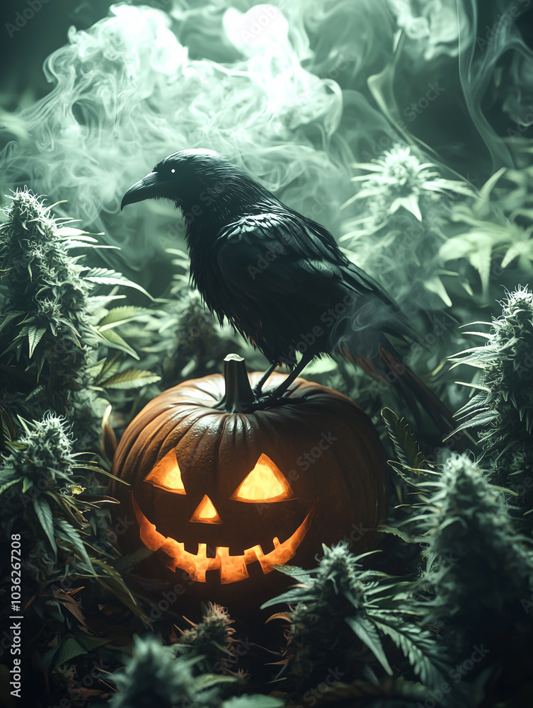 Fototapeta premium Raven on a Glowing Jack-o'-Lantern in a Mystical Cannabis Garden