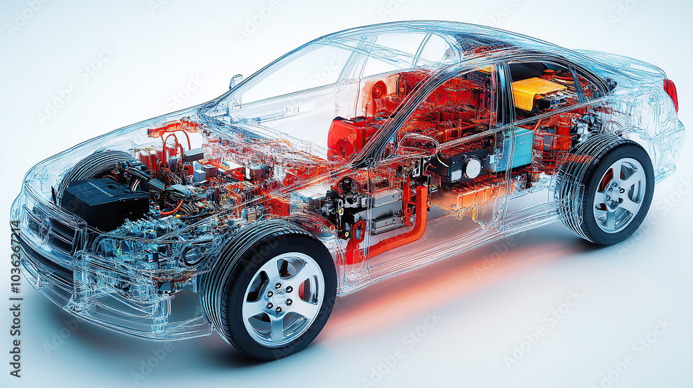 An exploded view of an electric car's engine, showing the various components such as the battery pack and motor inside its transparent shell An exploded view of an electric car's engine, showing the various components such as the battery pack and motor inside its transparent shell