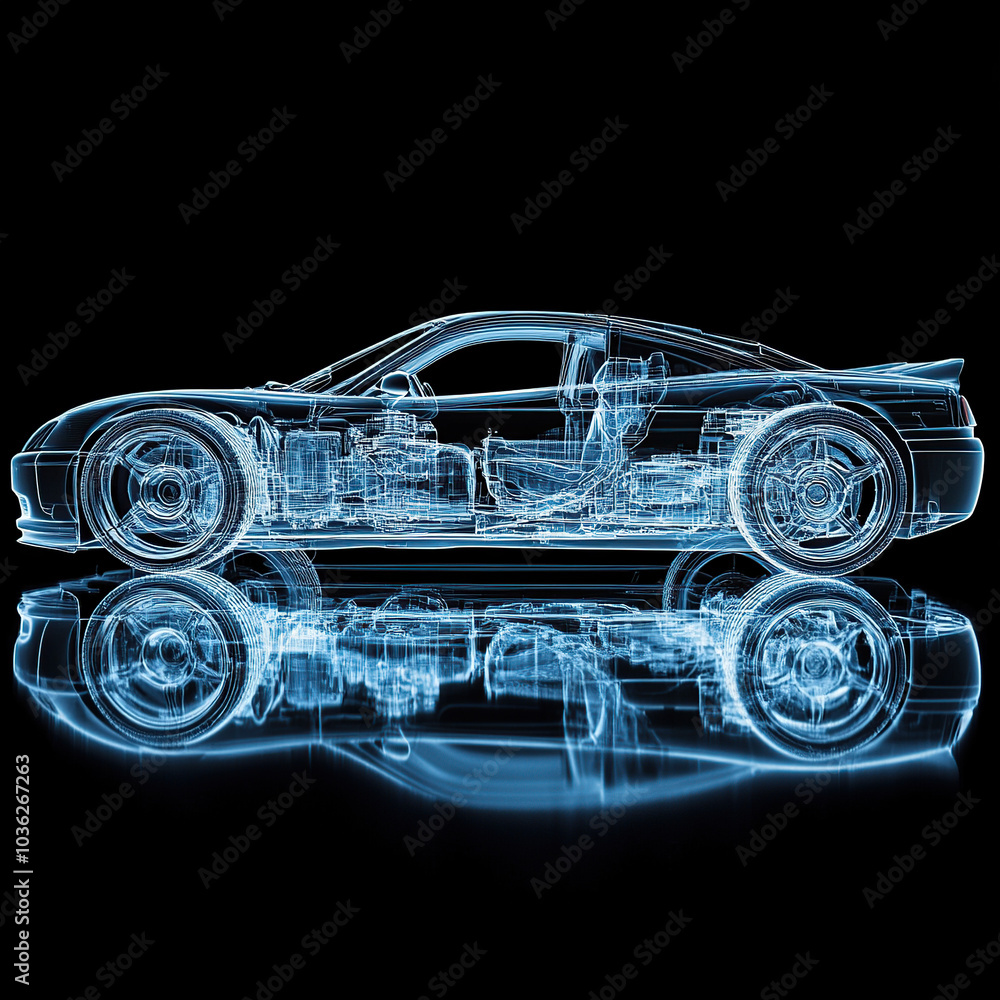 A car's internal structure is displayed in an X-ray style, with blue and white colors against a black background A car's internal structure is displayed in an X-ray style, with blue and white colors against a black background