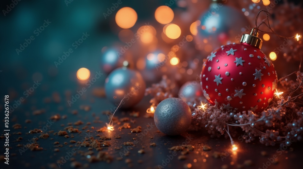 Fototapeta premium Christmas New Year holiday festive design featuring colorful ornaments, lights decorations, snowflakes. AI generated.
