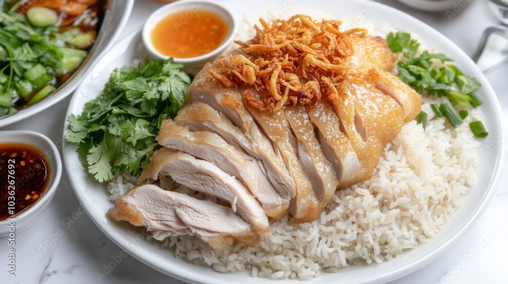 Delicious Chicken Rice with Herbs and Dipping Sauces Delicious Chicken Rice with Herbs and Dipping Sauces