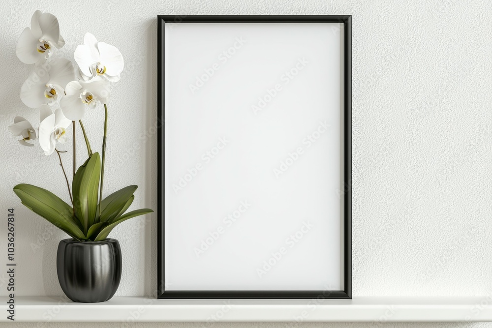 A black framed white picture sits on a shelf next to a potted plant A black framed white picture sits on a shelf next to a potted plant