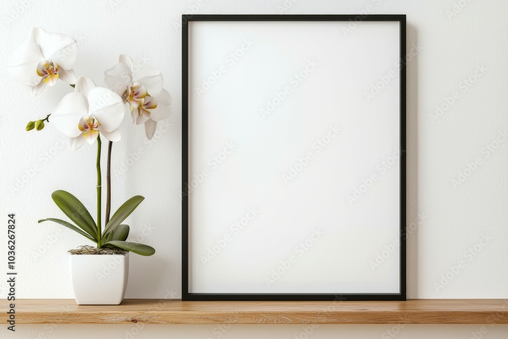 A black framed white picture sits on a shelf next to a white vase with a white f A black framed white picture sits on a shelf next to a white vase with a white f