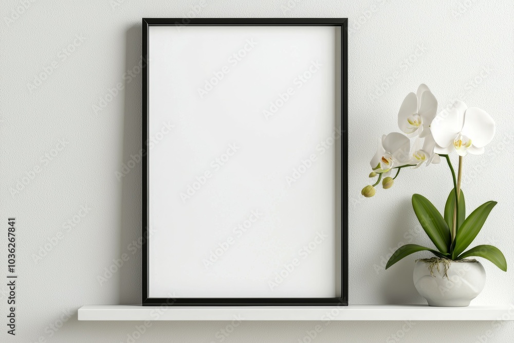 A black framed white picture sits on a shelf next to a white vase with a white f A black framed white picture sits on a shelf next to a white vase with a white f