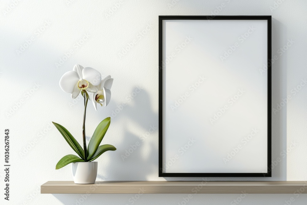 A white framed picture sits on a shelf next to a white flower pot A white framed picture sits on a shelf next to a white flower pot