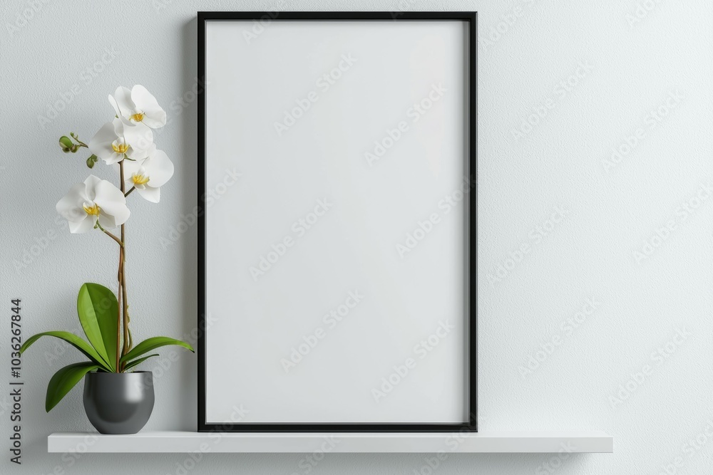 A black framed white picture sits on a shelf next to a potted plant A black framed white picture sits on a shelf next to a potted plant