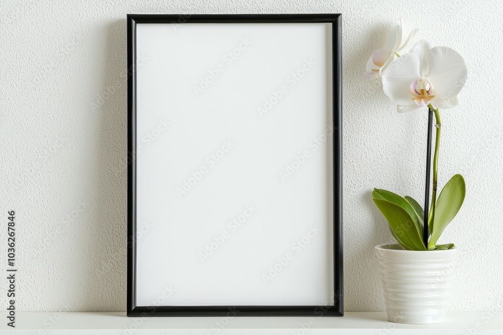 A black framed white picture sits on a white wall A black framed white picture sits on a white wall