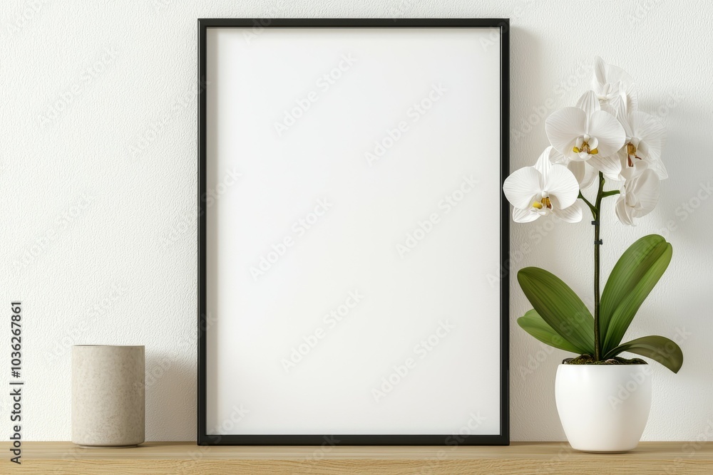 The picture is empty, and the vase and orchid are the only objects in the scene The picture is empty, and the vase and orchid are the only objects in the scene