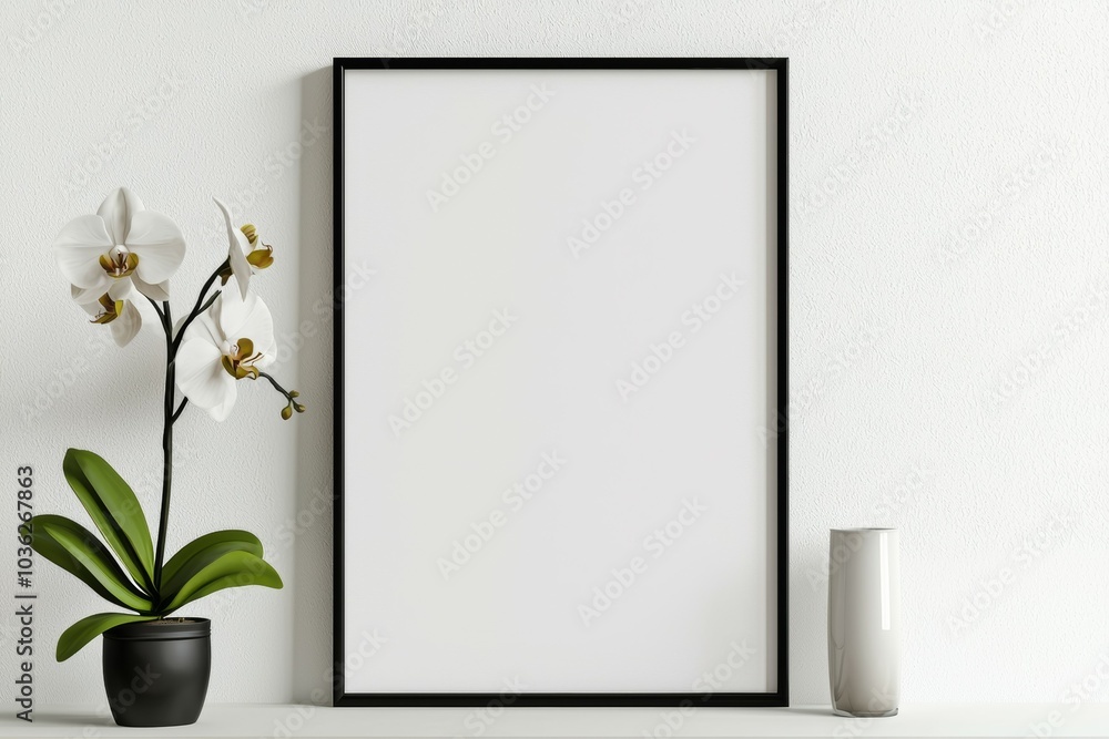 A black framed white picture sits on a table next to a white vase with a white f A black framed white picture sits on a table next to a white vase with a white f