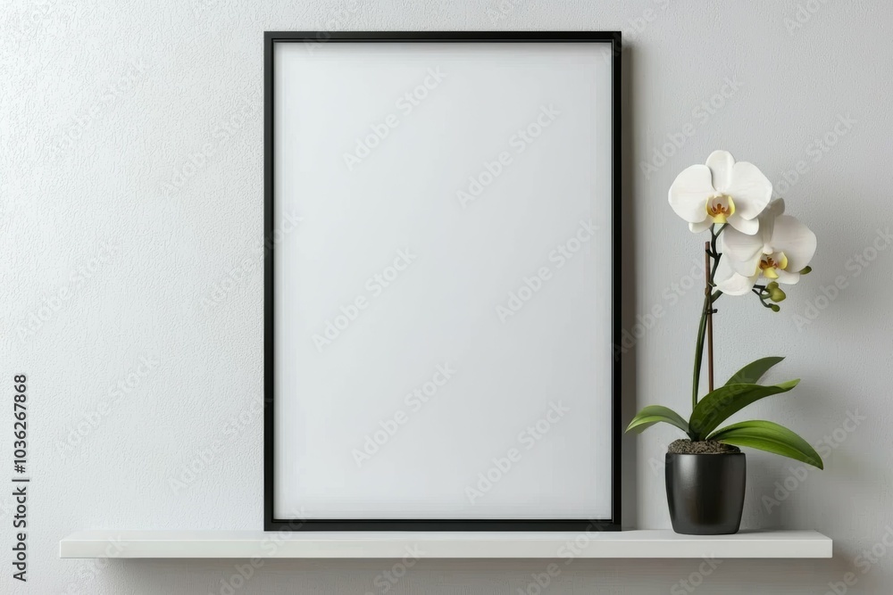 A black framed white poster sits on a shelf next to a potted orchid A black framed white poster sits on a shelf next to a potted orchid