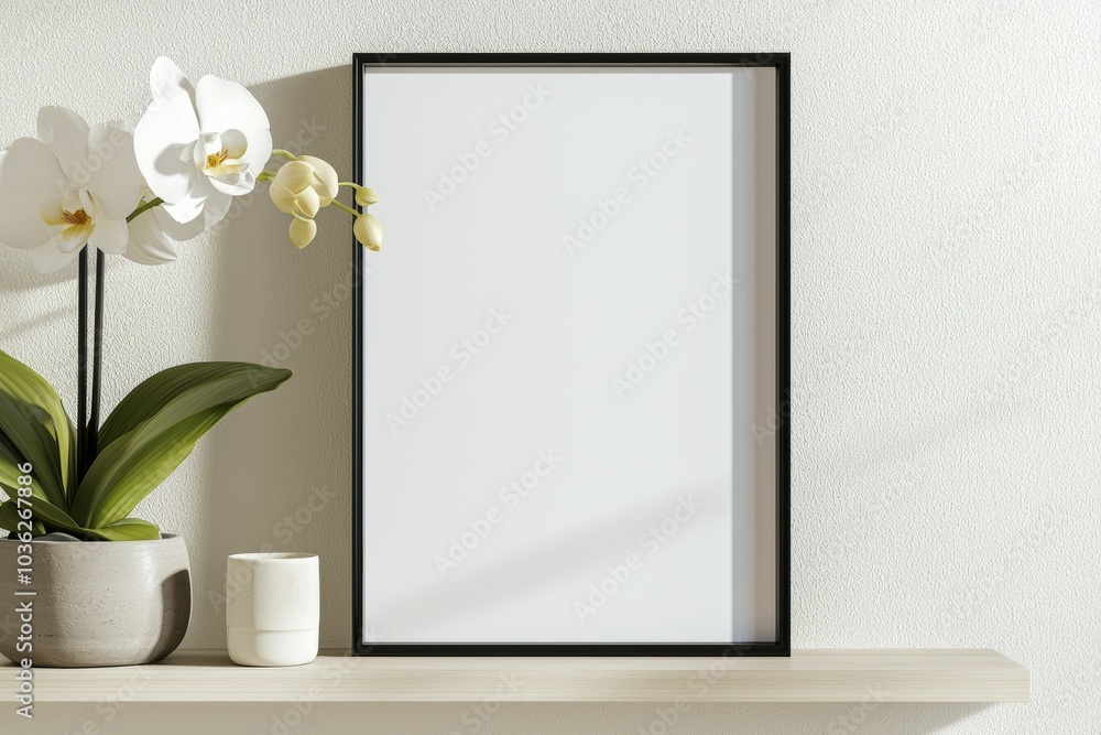 A black framed white picture sits on a shelf next to a potted plant A black framed white picture sits on a shelf next to a potted plant