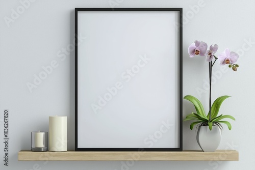 A black framed white picture sits on a shelf next to a vase of flowers