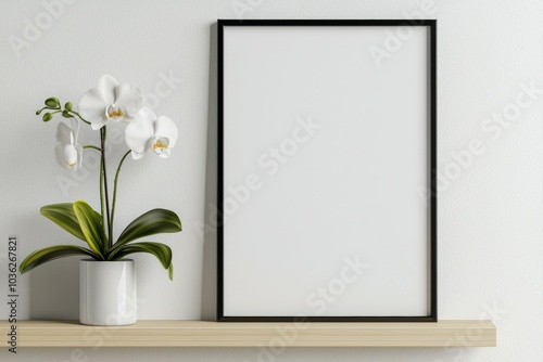 A white framed picture sits on a shelf next to a potted plant