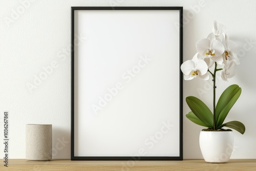 The picture is empty, and the vase and orchid are the only objects in the scene