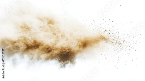 A dynamic cloud of sand dust with small particles flying in random directions, simulating the chaotic energy of a sandstorm, set against a white background for clarity.
