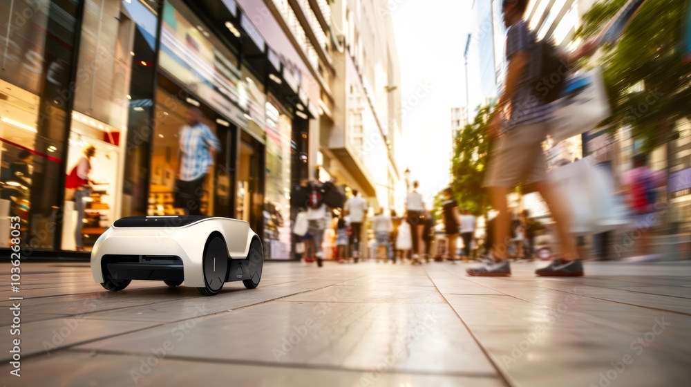 Obraz premium A futuristic autonomous delivery robot navigating a busy shopping district, with clear views of the robot鈥檚 design and the lively urban surroundings, Urban setting with high-tech delivery