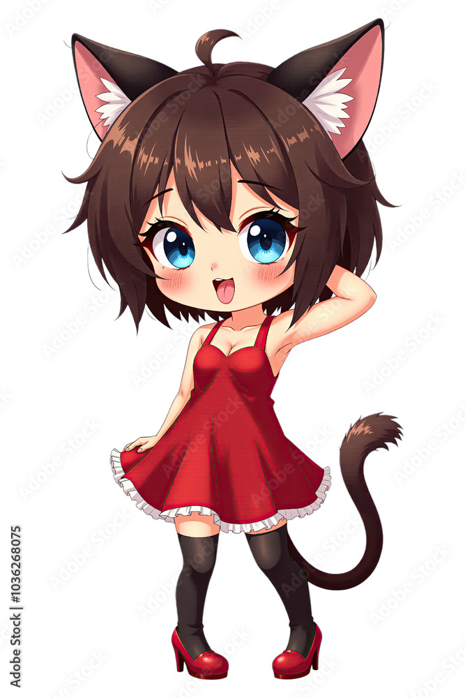 Chibi Catgirl with Short Brown Hair in Red Dress Chibi Catgirl with Short Brown Hair in Red Dress