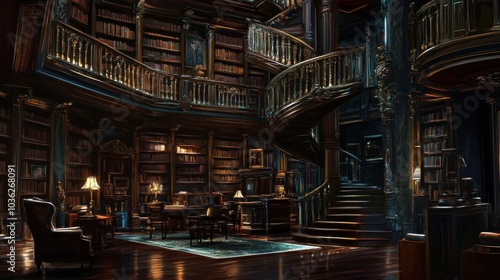 Wallpaper Mural A grand library with a spiral staircase, wooden bookshelves filled with books, a large rug, and a sitting area with chairs and a table. Torontodigital.ca