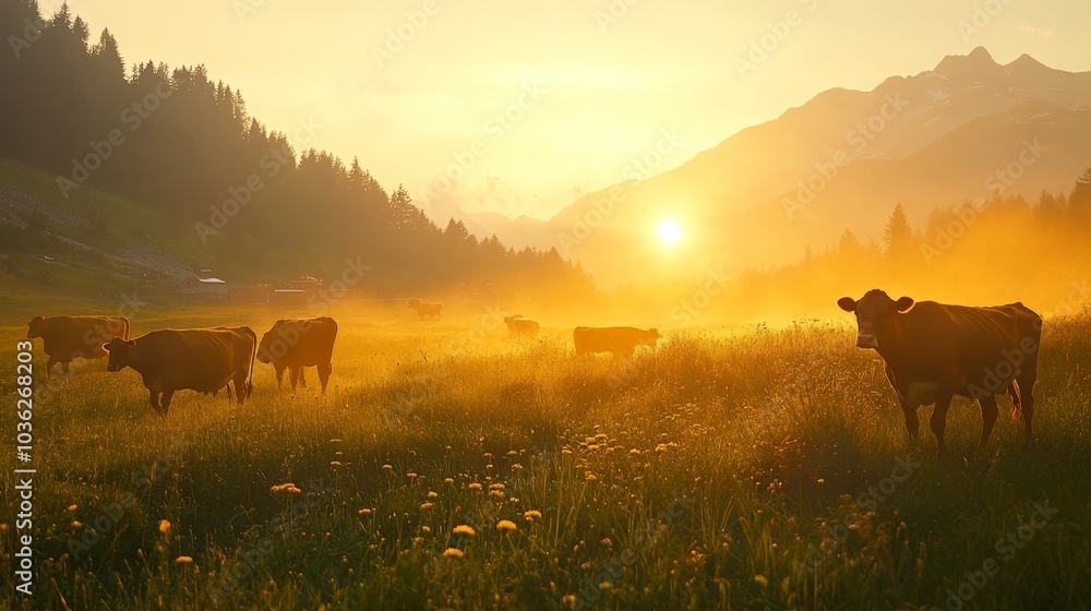 A dynamic shot of cows walking across an alpine field at dawn, their silhouettes framed against the soft, golden light of the rising sun and mist rolling through the valley. A dynamic shot of cows walking across an alpine field at dawn, their silhouettes framed against the soft, golden light of the rising sun and mist rolling through the valley.