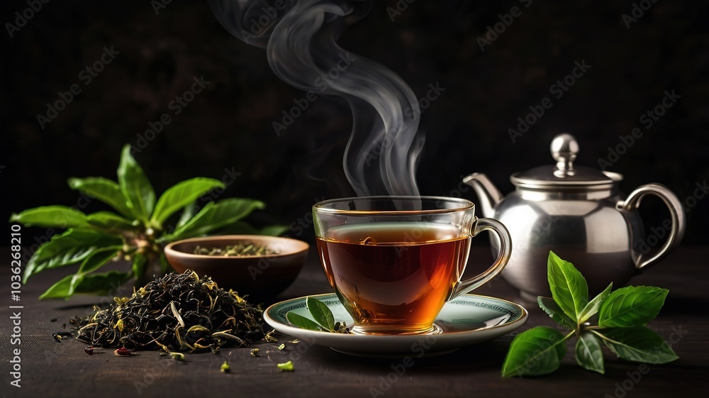 A steaming cup of tea with leaves and a teapot on a dark surface. A steaming cup of tea with leaves and a teapot on a dark surface.