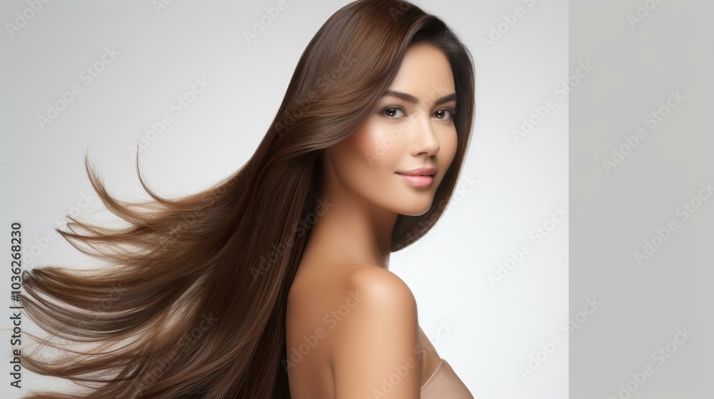 A stunning Asian woman flaunts her flawless skin and long brown hair, embodying the essence of beauty and health. A stunning Asian woman flaunts her flawless skin and long brown hair, embodying the essence of beauty and health.