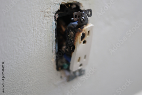 Photography Electrical outlet that has caught on fire and burned.