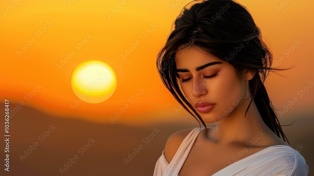 A melancholic woman stands under the warm glow of a sunset, her expression mirroring the days fading light. A melancholic woman stands under the warm glow of a sunset, her expression mirroring the days fading light.