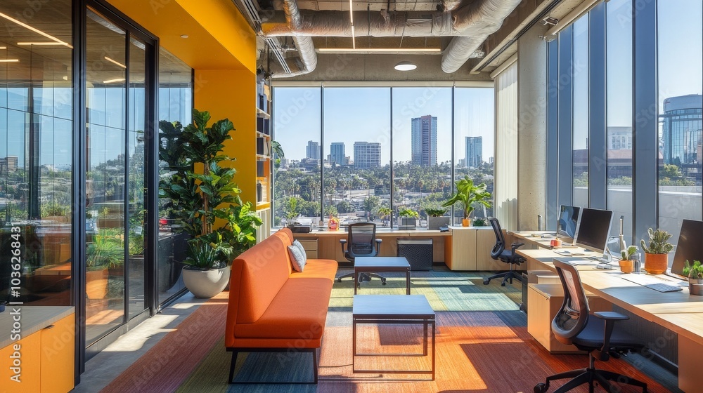 Naklejka premium A dynamic startup office with colorful workstations, modern furnishings, and floor-to-ceiling windows offering a panoramic view of the urban landscape.
