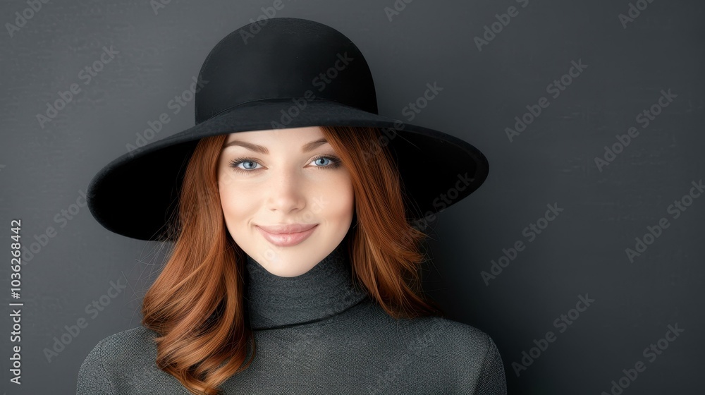 A striking portrait of a woman wearing an elegant black hat, set against a bold black background, exuding color and charisma. A striking portrait of a woman wearing an elegant black hat, set against a bold black background, exuding color and charisma.